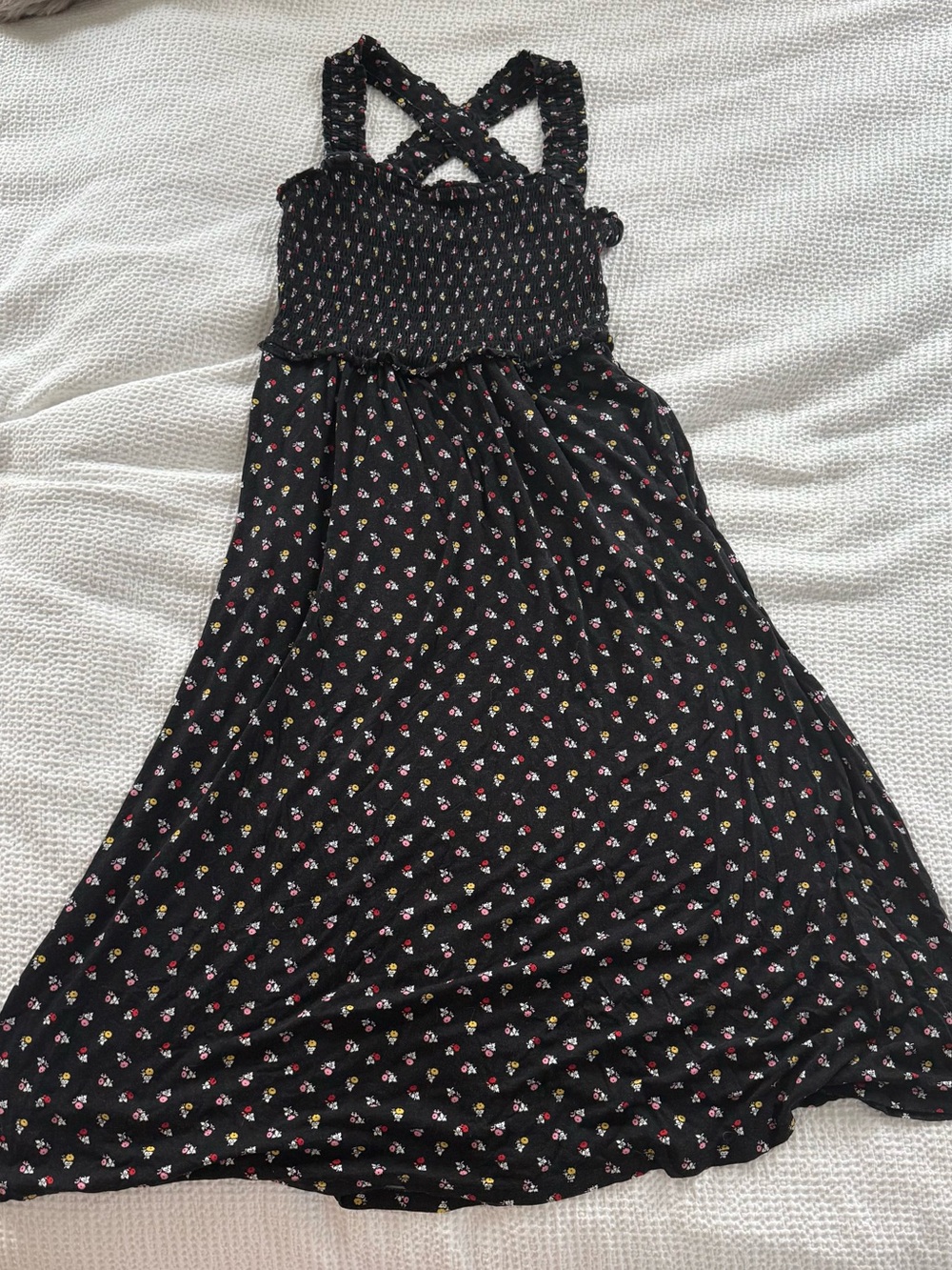 Boden Black Floral Smocked Strap Dress